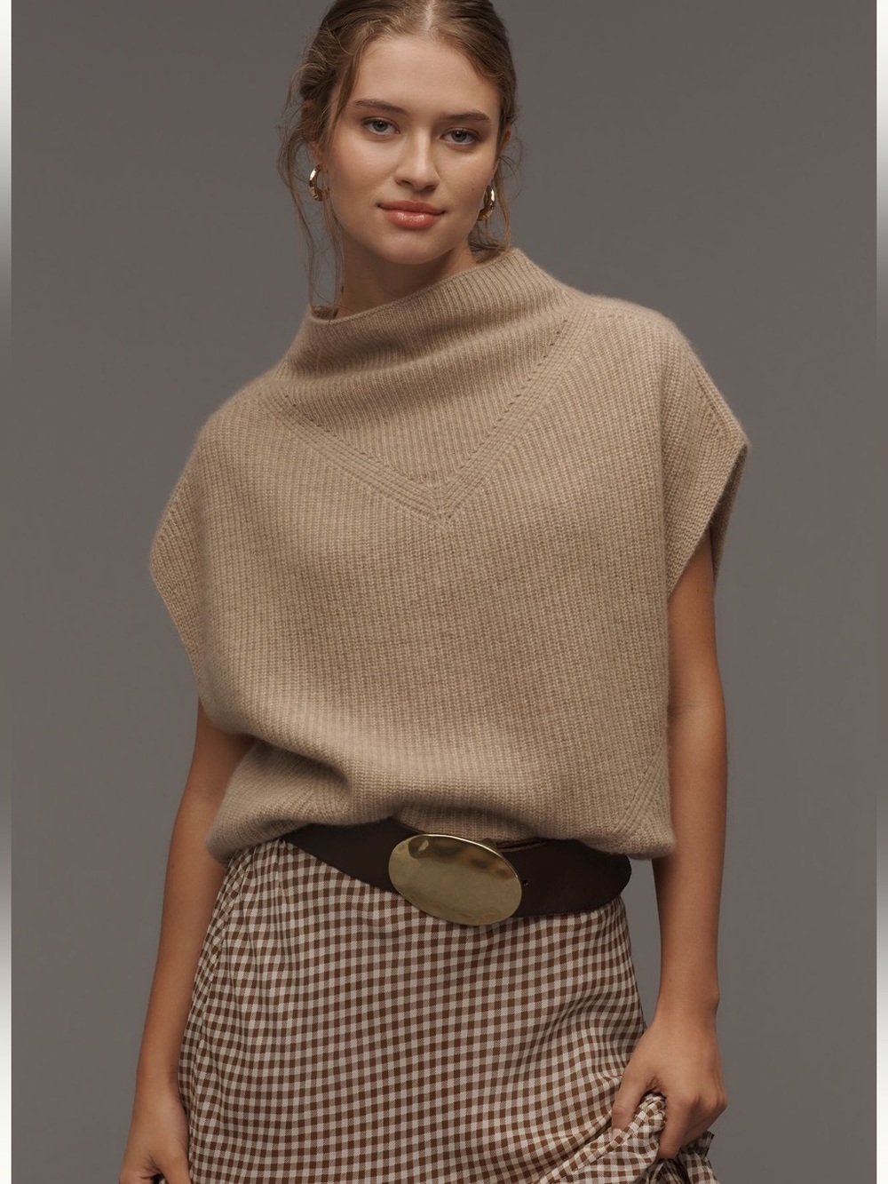 By Anthropologie Enza 100% Cashmere Poncho Sweater Vest in Beige Tan medium